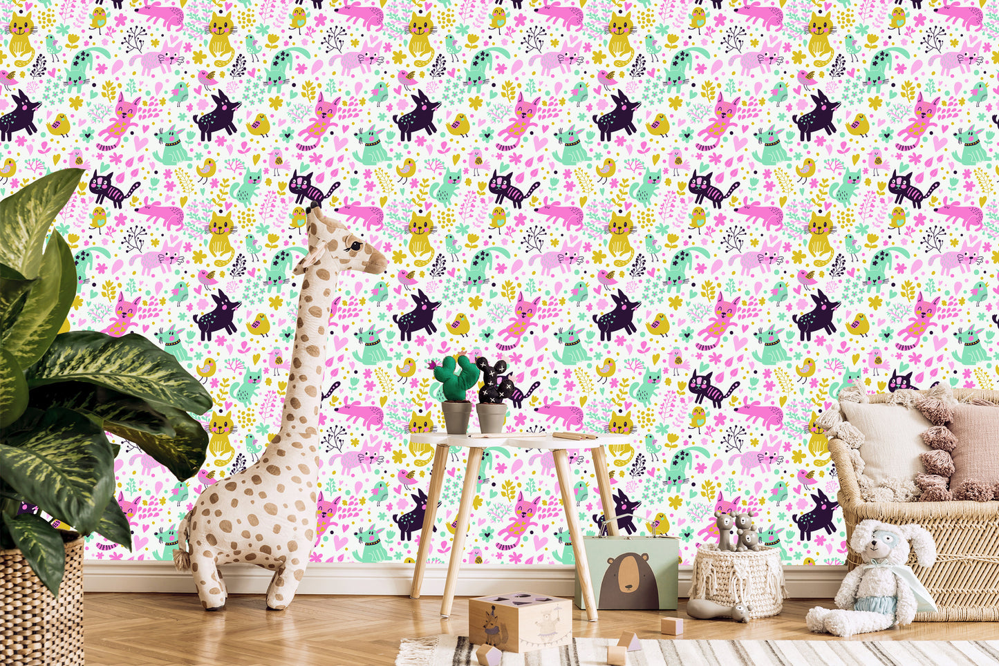Wallpaper Colorful Cats, Dogs And Birds