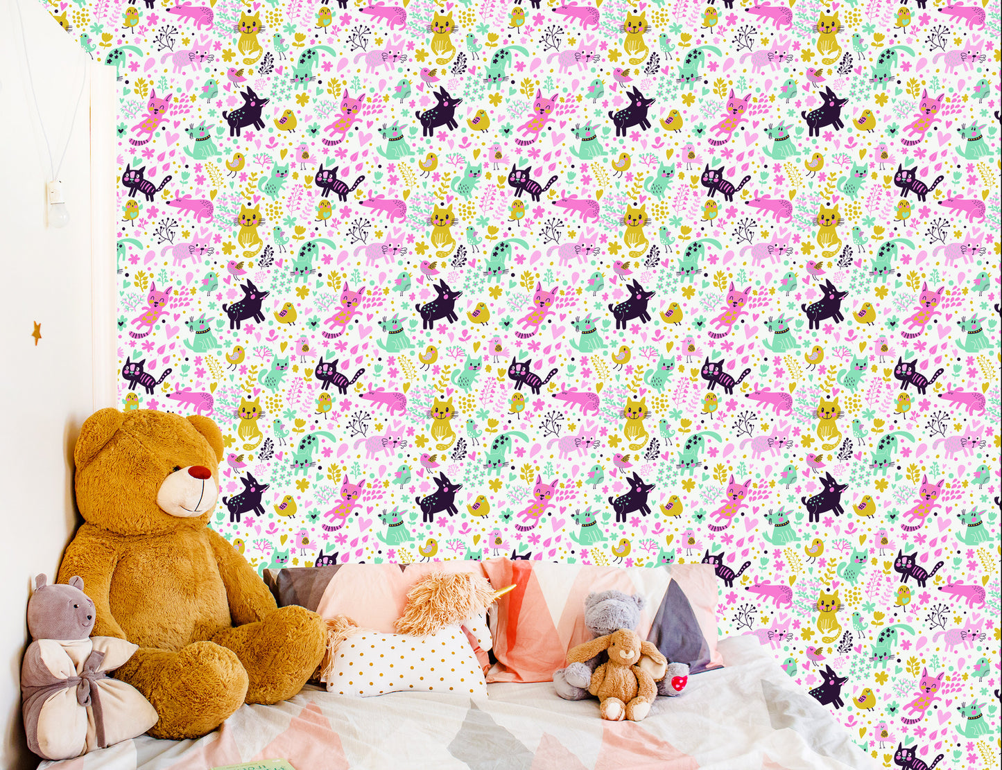 Wallpaper Colorful Cats, Dogs And Birds