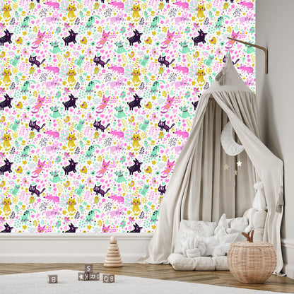 Wallpaper Colorful Cats, Dogs And Birds