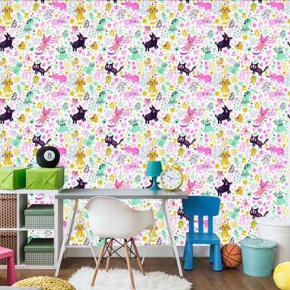 Wallpaper Colorful Cats, Dogs And Birds