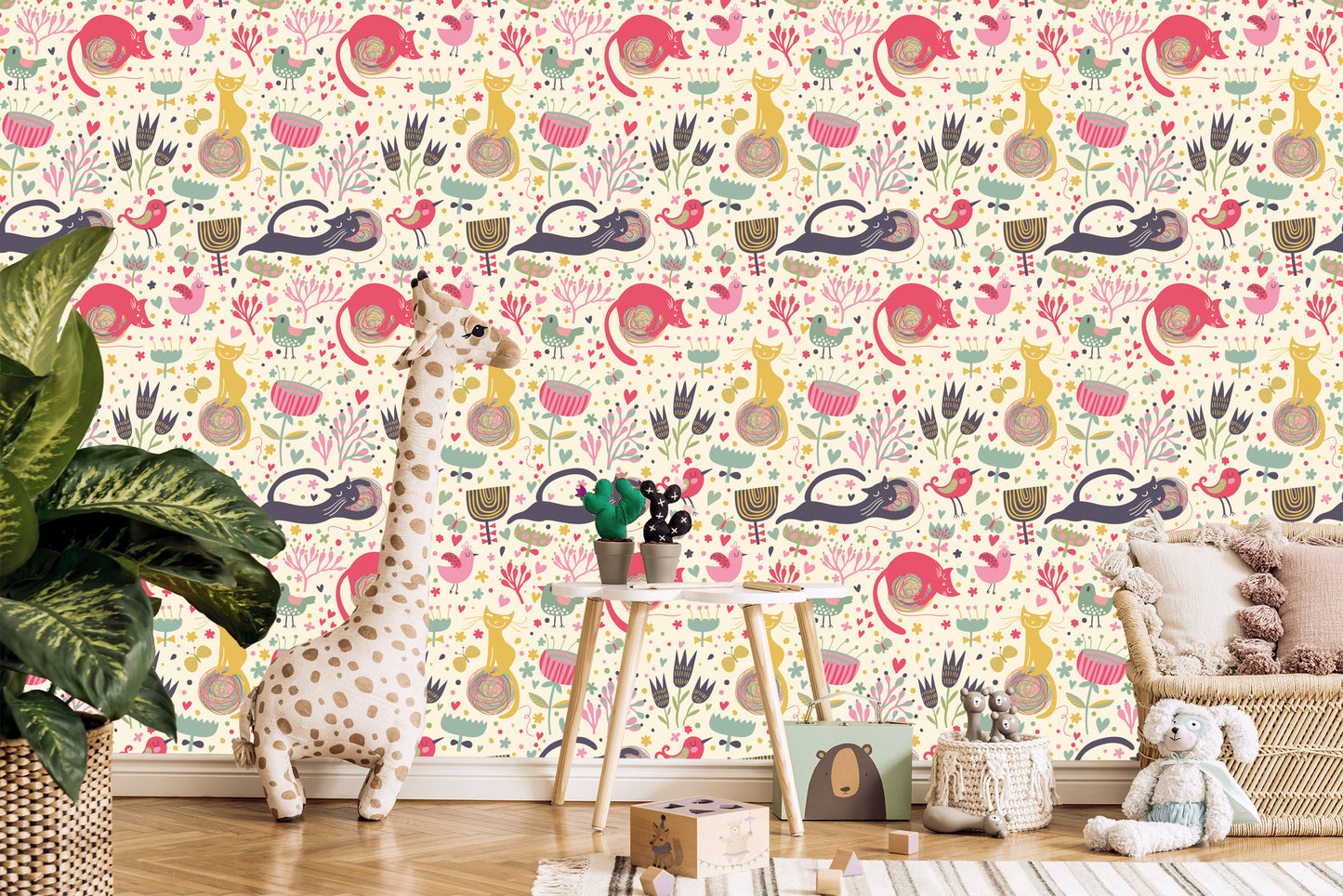 Wallpaper For Children - Colorful Kittens, Birds And Plants