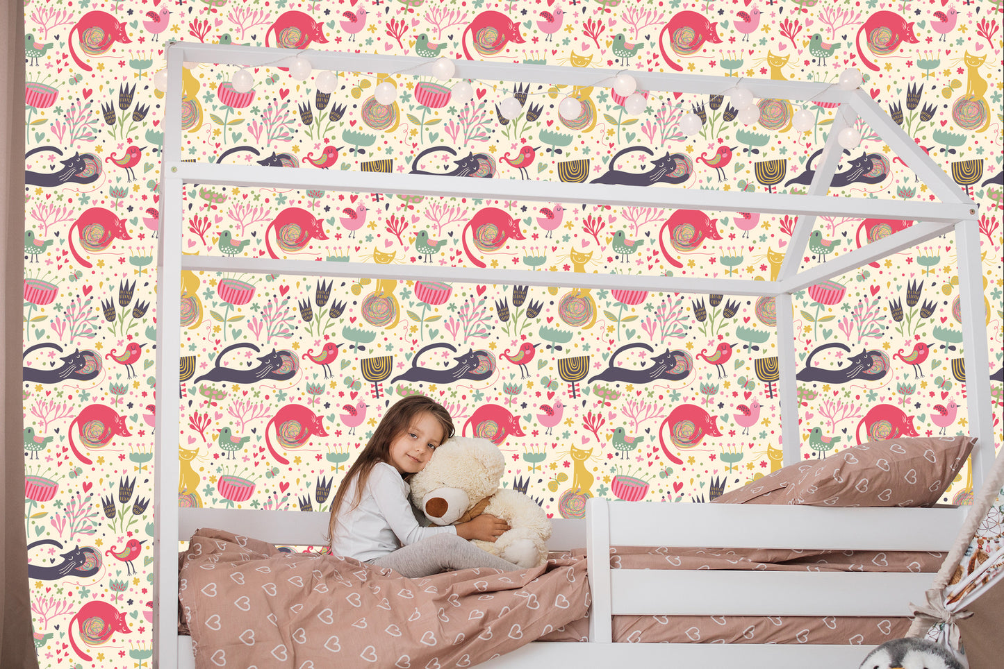Wallpaper For Children - Colorful Kittens, Birds And Plants