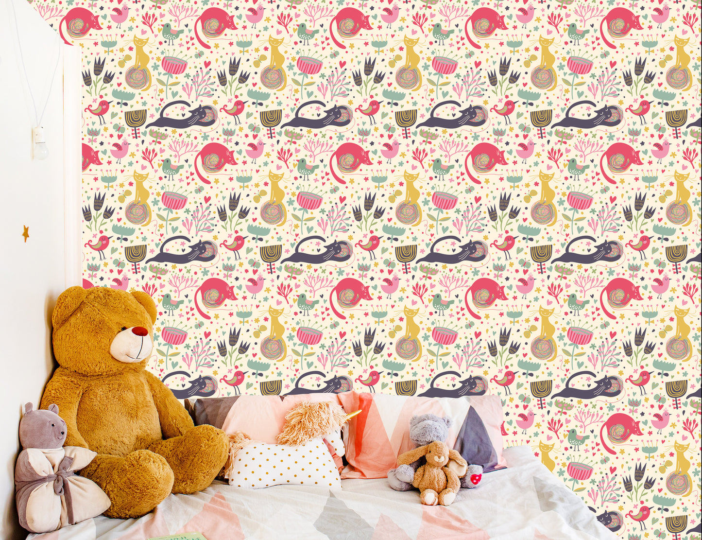 Wallpaper For Children - Colorful Kittens, Birds And Plants