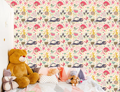 Wallpaper For Children - Colorful Kittens, Birds And Plants