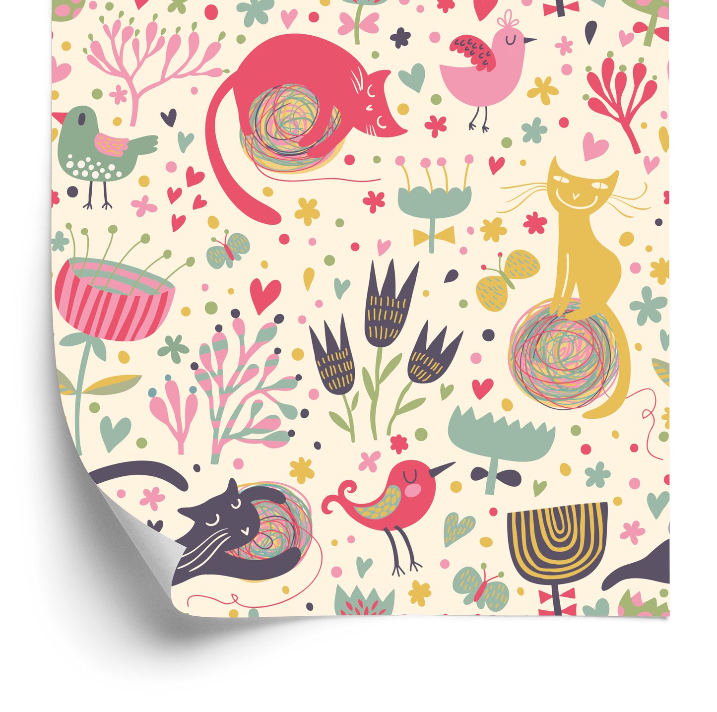 Wallpaper For Children - Colorful Kittens, Birds And Plants