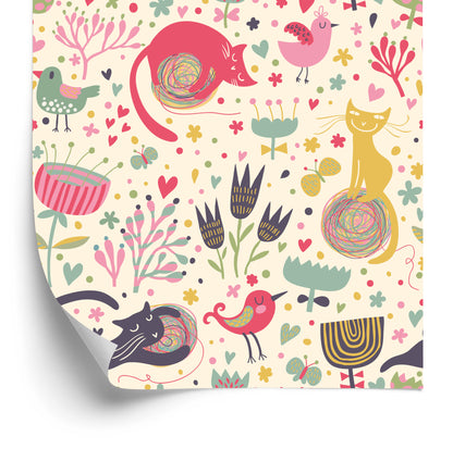 Wallpaper For Children - Colorful Kittens, Birds And Plants