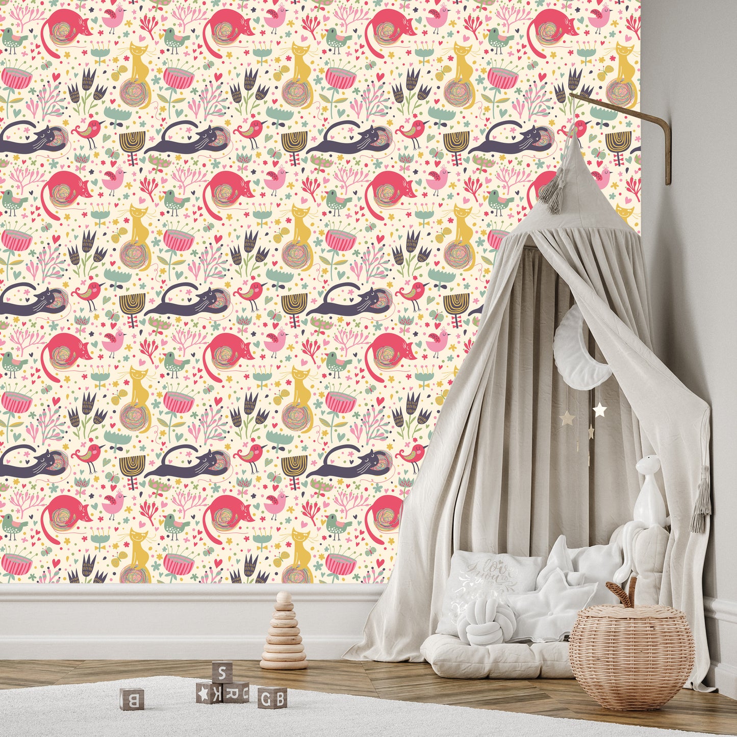 Wallpaper For Children - Colorful Kittens, Birds And Plants