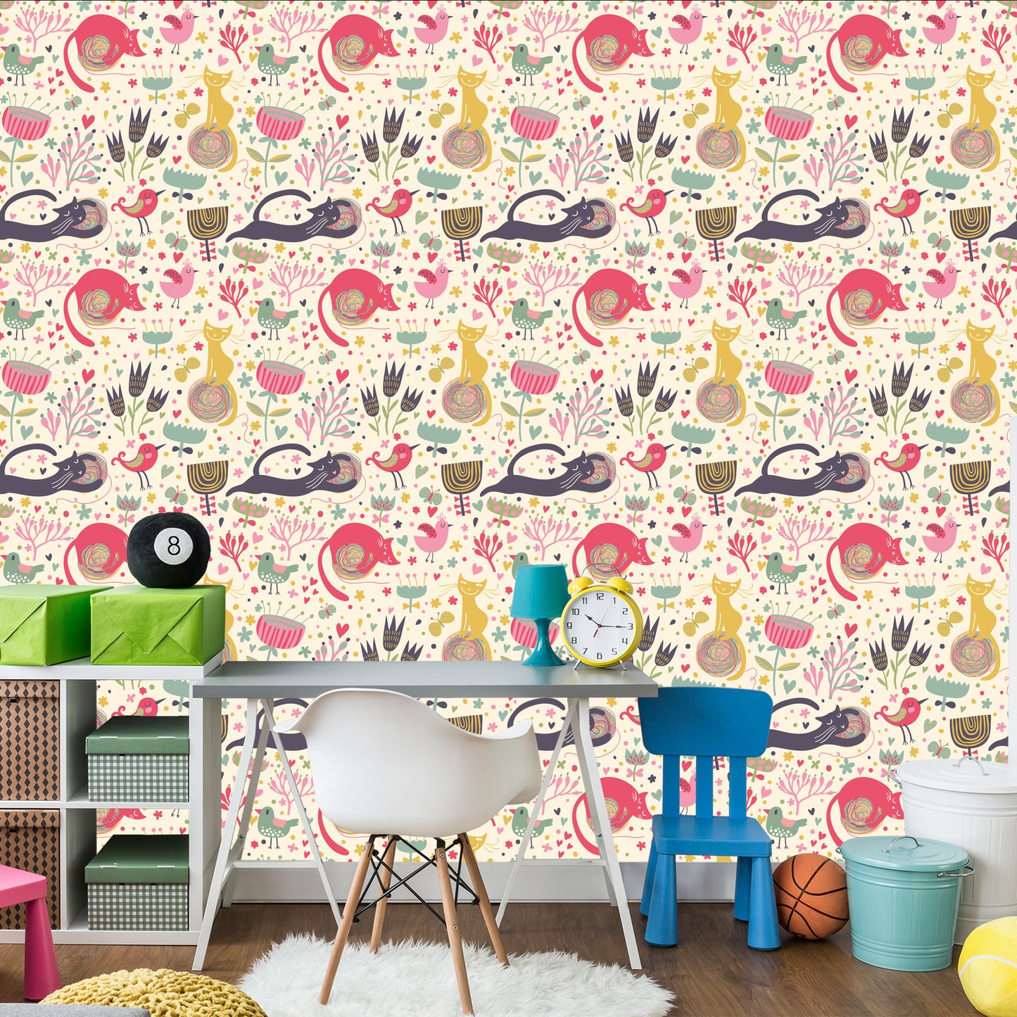 Wallpaper For Children - Colorful Kittens, Birds And Plants