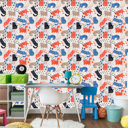 Wallpaper For Children - Colorful Cats - Scandinavian Style