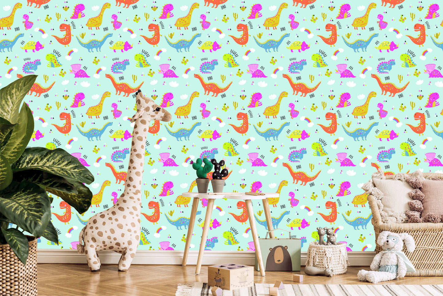 Wallpaper For Children. Colorful Rainbow Cacti Dinosaurs