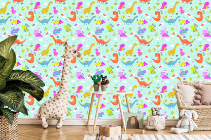 Wallpaper For Children. Colorful Rainbow Cacti Dinosaurs