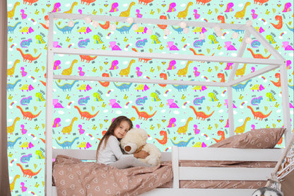Wallpaper For Children. Colorful Rainbow Cacti Dinosaurs