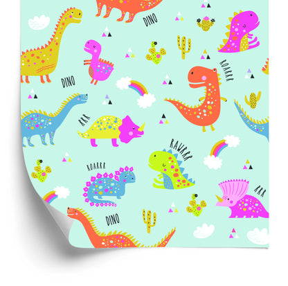 Wallpaper For Children. Colorful Rainbow Cacti Dinosaurs