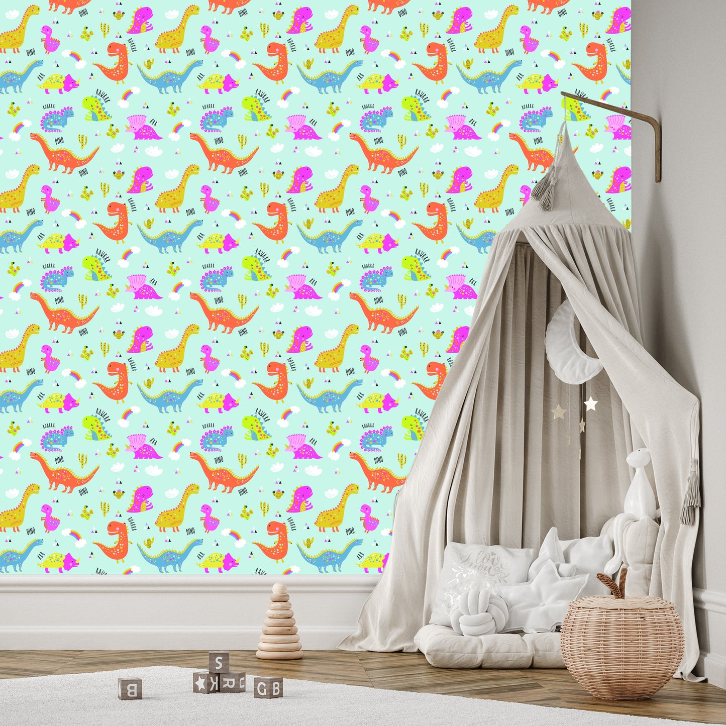 Wallpaper For Children. Colorful Rainbow Cacti Dinosaurs