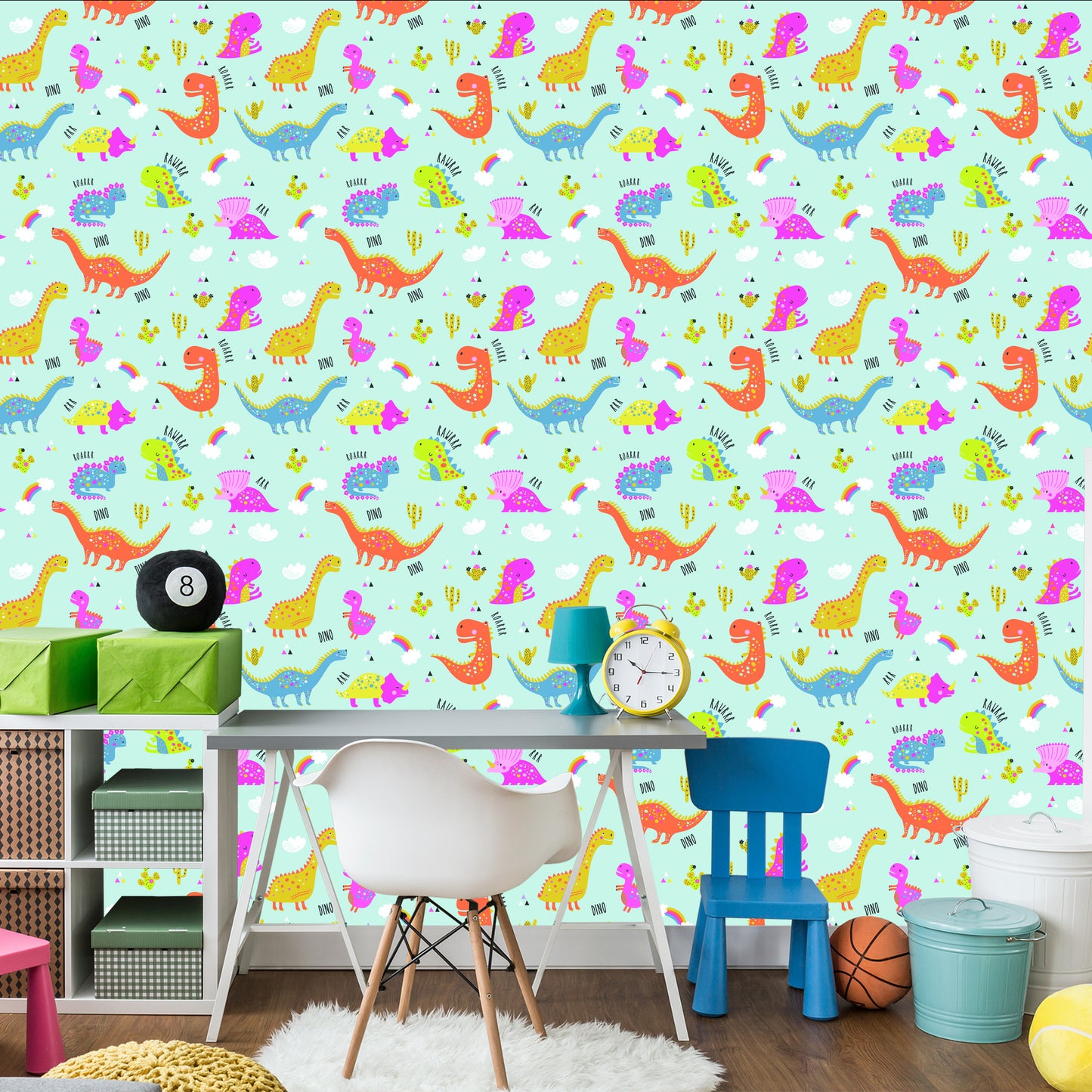 Wallpaper For Children. Colorful Rainbow Cacti Dinosaurs