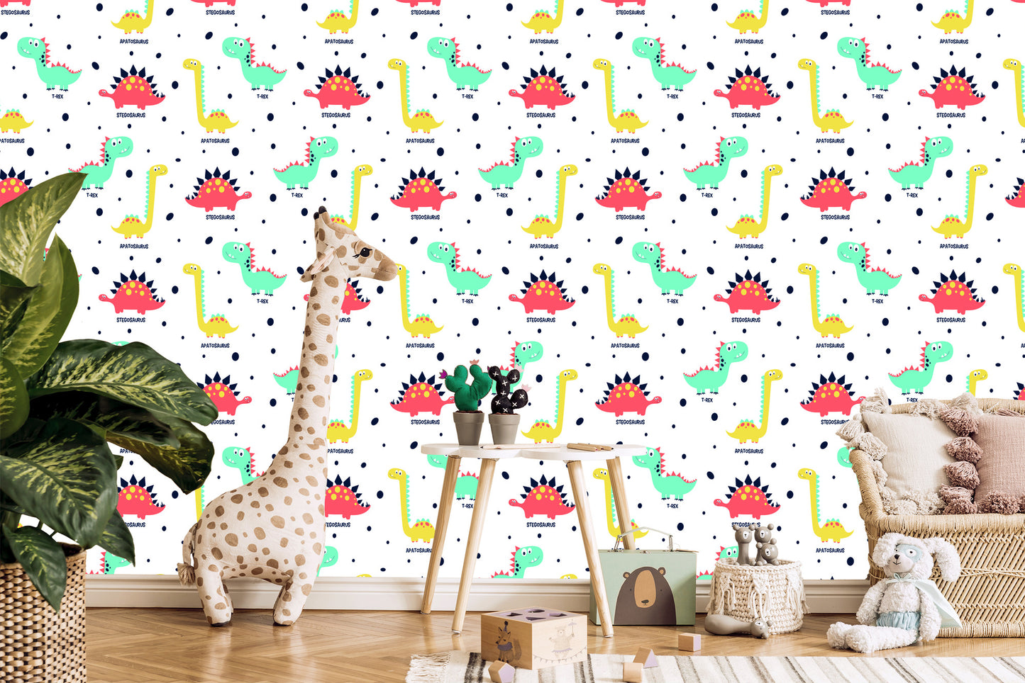 Wallpaper Colorful Dotted Dinosaurs For Baby's Room