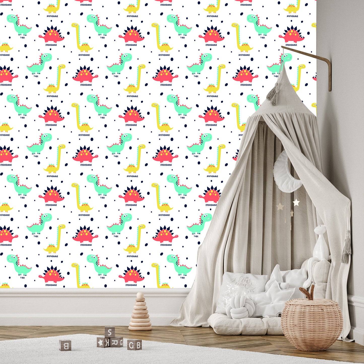 Wallpaper Colorful Dotted Dinosaurs For Baby's Room