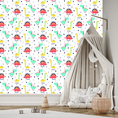 Wallpaper Colorful Dotted Dinosaurs For Baby's Room