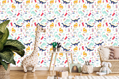 Wallpaper For Children's Room Colorful Cloud Dinosaurs