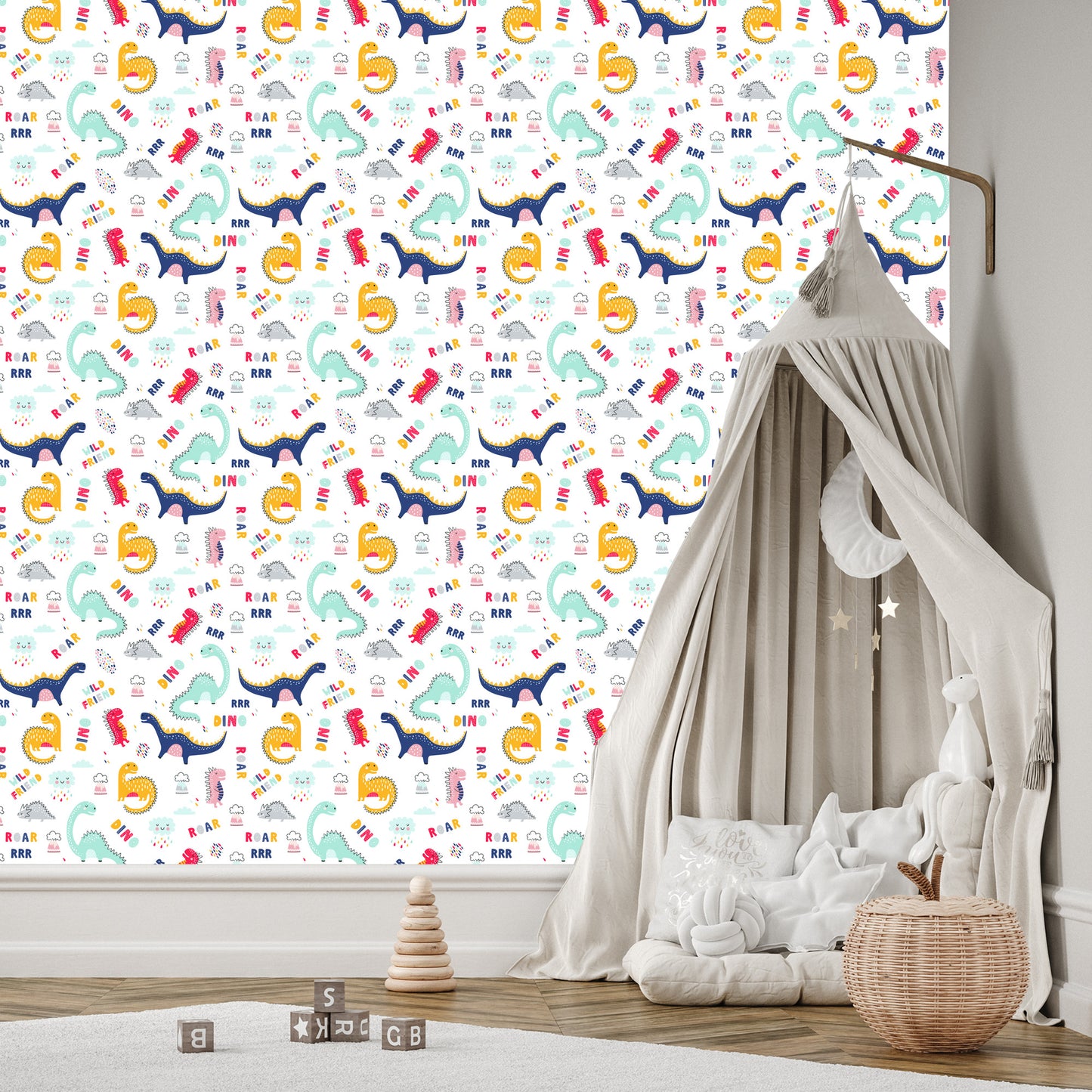 Wallpaper For Children's Room Colorful Cloud Dinosaurs