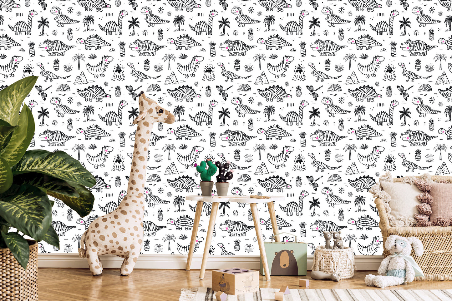 Wallpaper For Children. Dinosaurs. Tree Mountains. Flowers