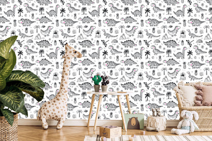Wallpaper For Children. Dinosaurs. Tree Mountains. Flowers