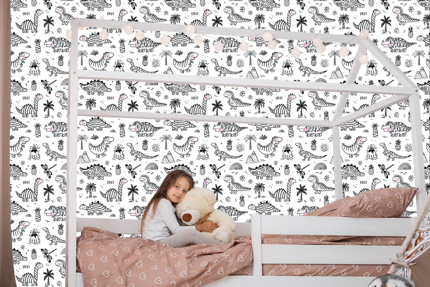 Wallpaper For Children. Dinosaurs. Tree Mountains. Flowers