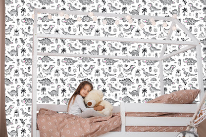 Wallpaper For Children. Dinosaurs. Tree Mountains. Flowers