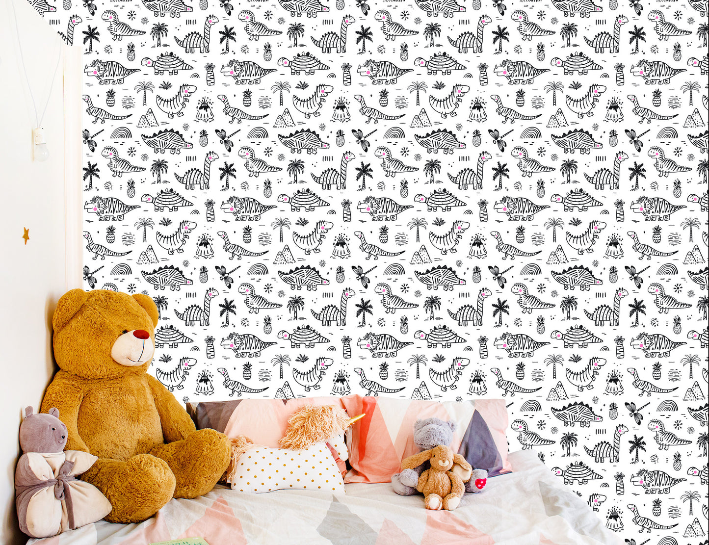 Wallpaper For Children. Dinosaurs. Tree Mountains. Flowers