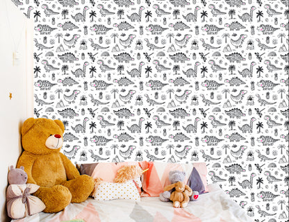 Wallpaper For Children. Dinosaurs. Tree Mountains. Flowers