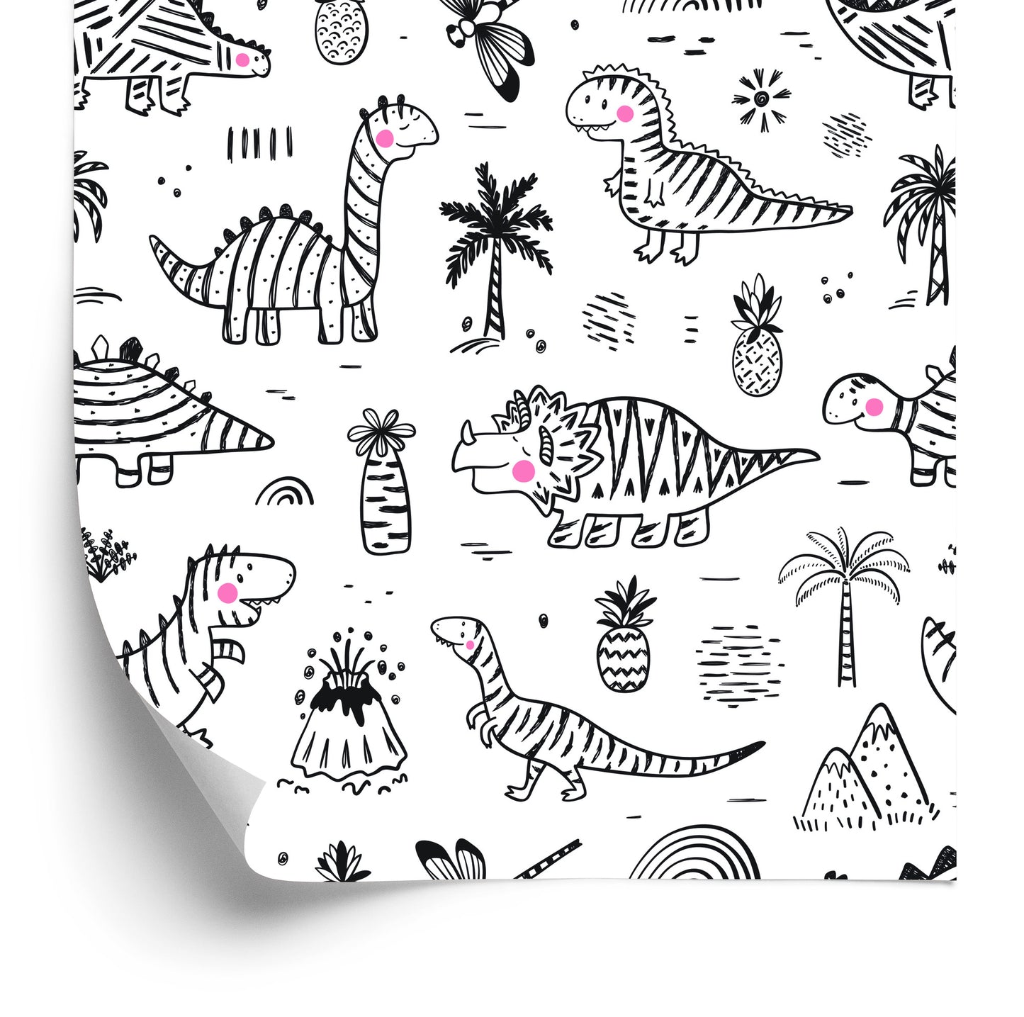 Wallpaper For Children. Dinosaurs. Tree Mountains. Flowers