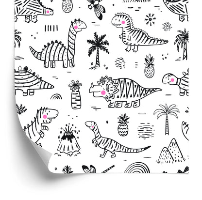 Wallpaper For Children. Dinosaurs. Tree Mountains. Flowers