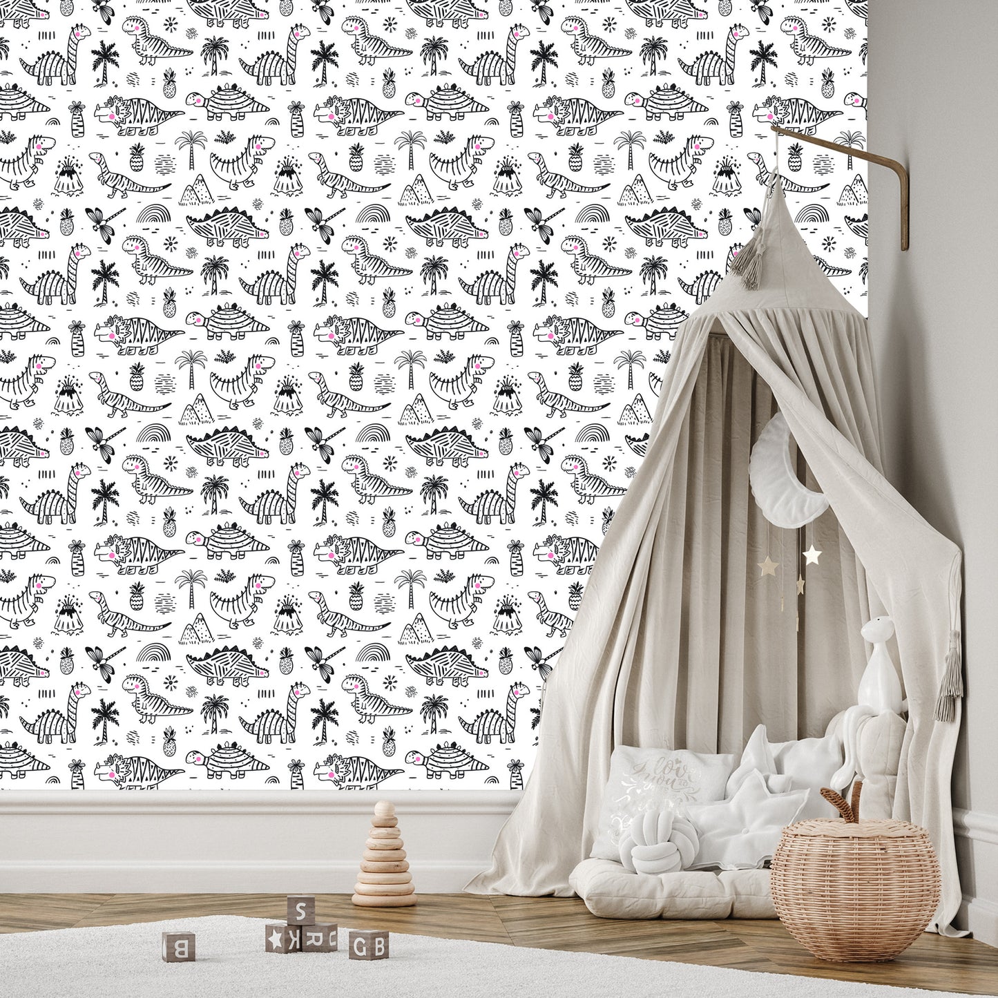 Wallpaper For Children. Dinosaurs. Tree Mountains. Flowers