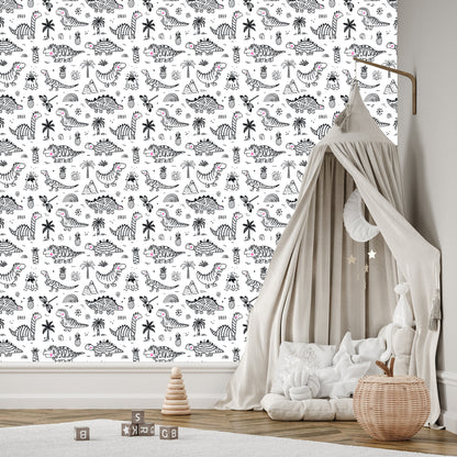 Wallpaper For Children. Dinosaurs. Tree Mountains. Flowers