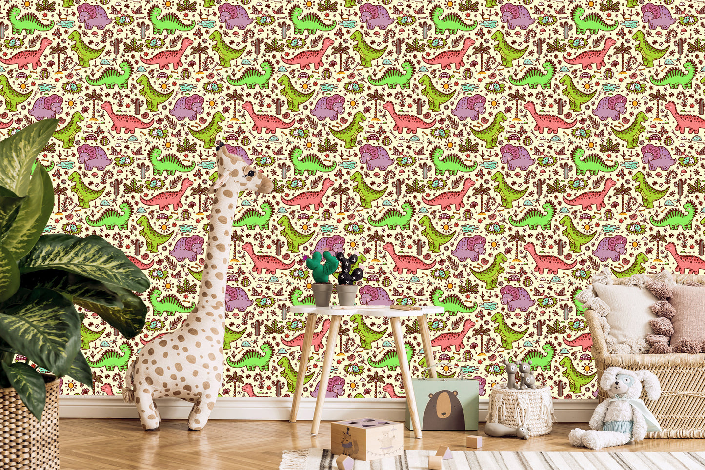 Wallpaper For Children. Dinosaurs. Flowers. Cacti