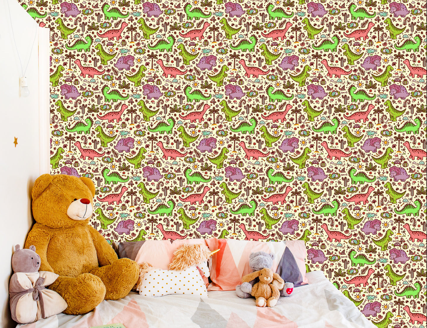 Wallpaper For Children. Dinosaurs. Flowers. Cacti
