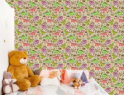Wallpaper For Children. Dinosaurs. Flowers. Cacti
