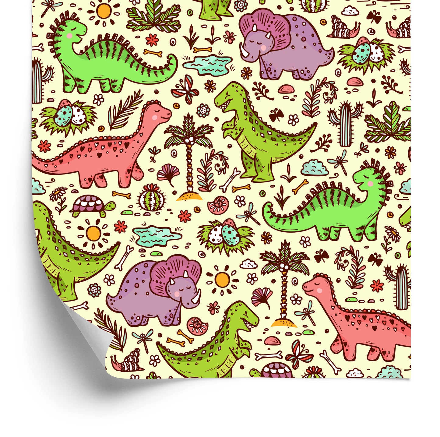Wallpaper For Children. Dinosaurs. Flowers. Cacti