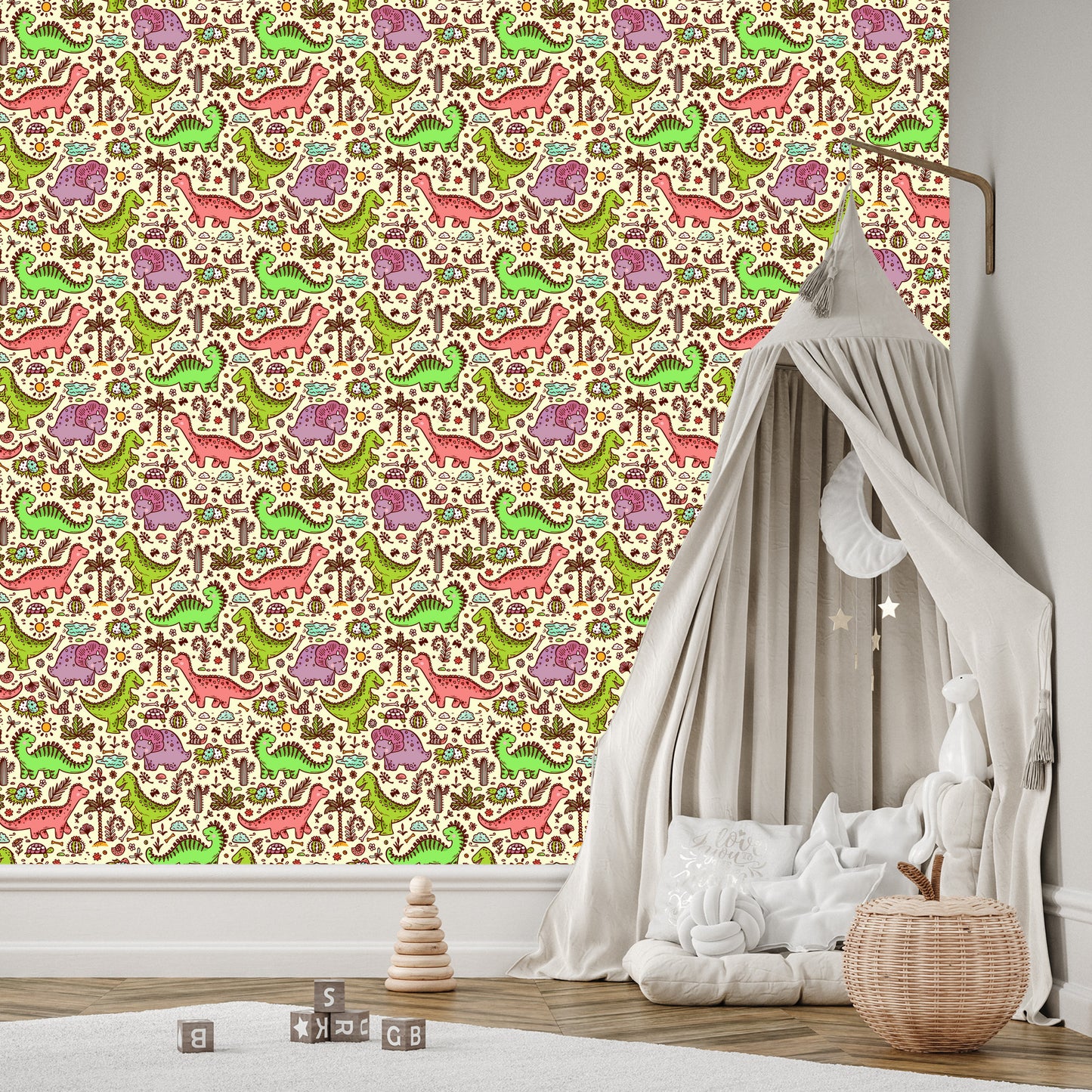 Wallpaper For Children. Dinosaurs. Flowers. Cacti