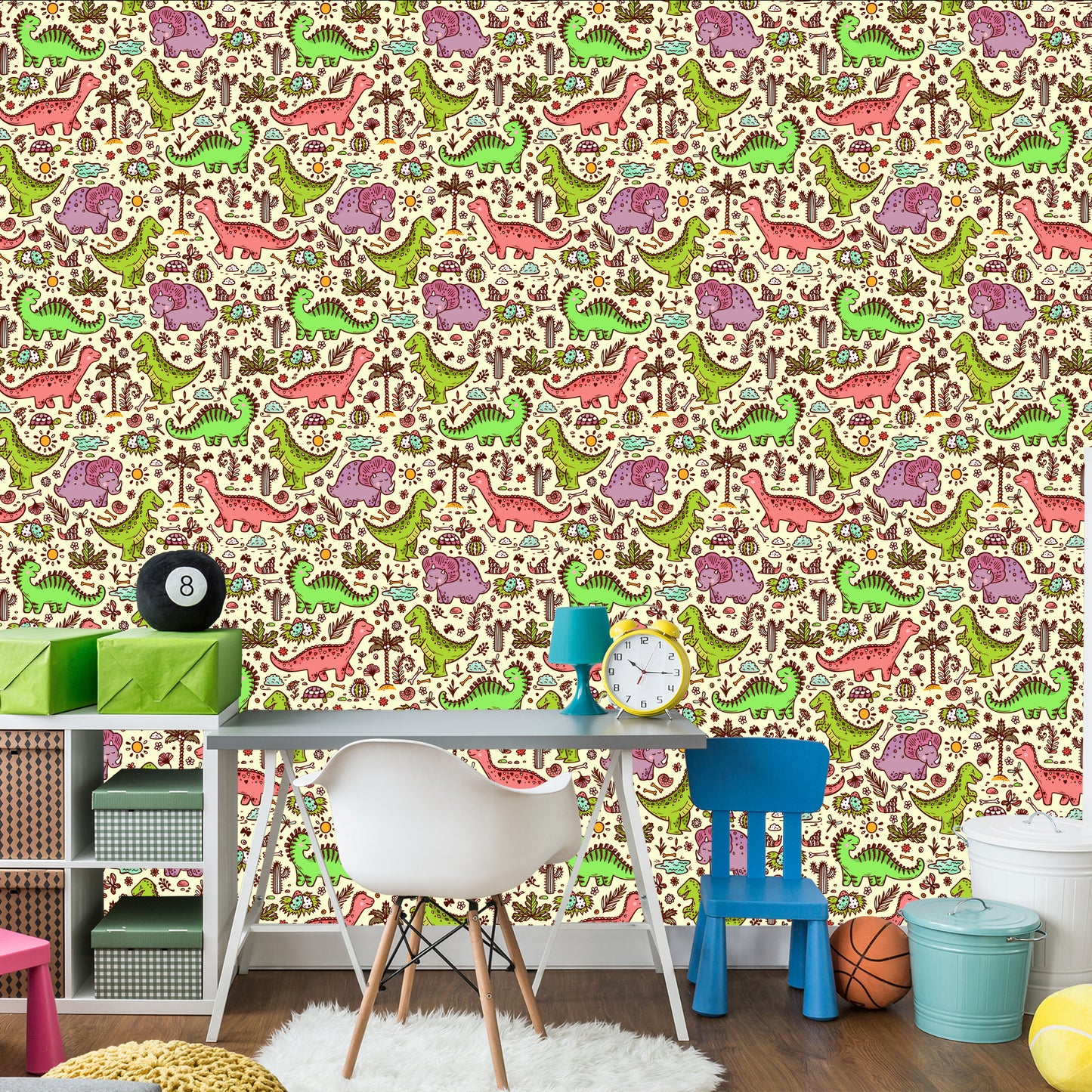 Wallpaper For Children. Dinosaurs. Flowers. Cacti