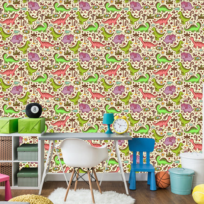 Wallpaper For Children. Dinosaurs. Flowers. Cacti