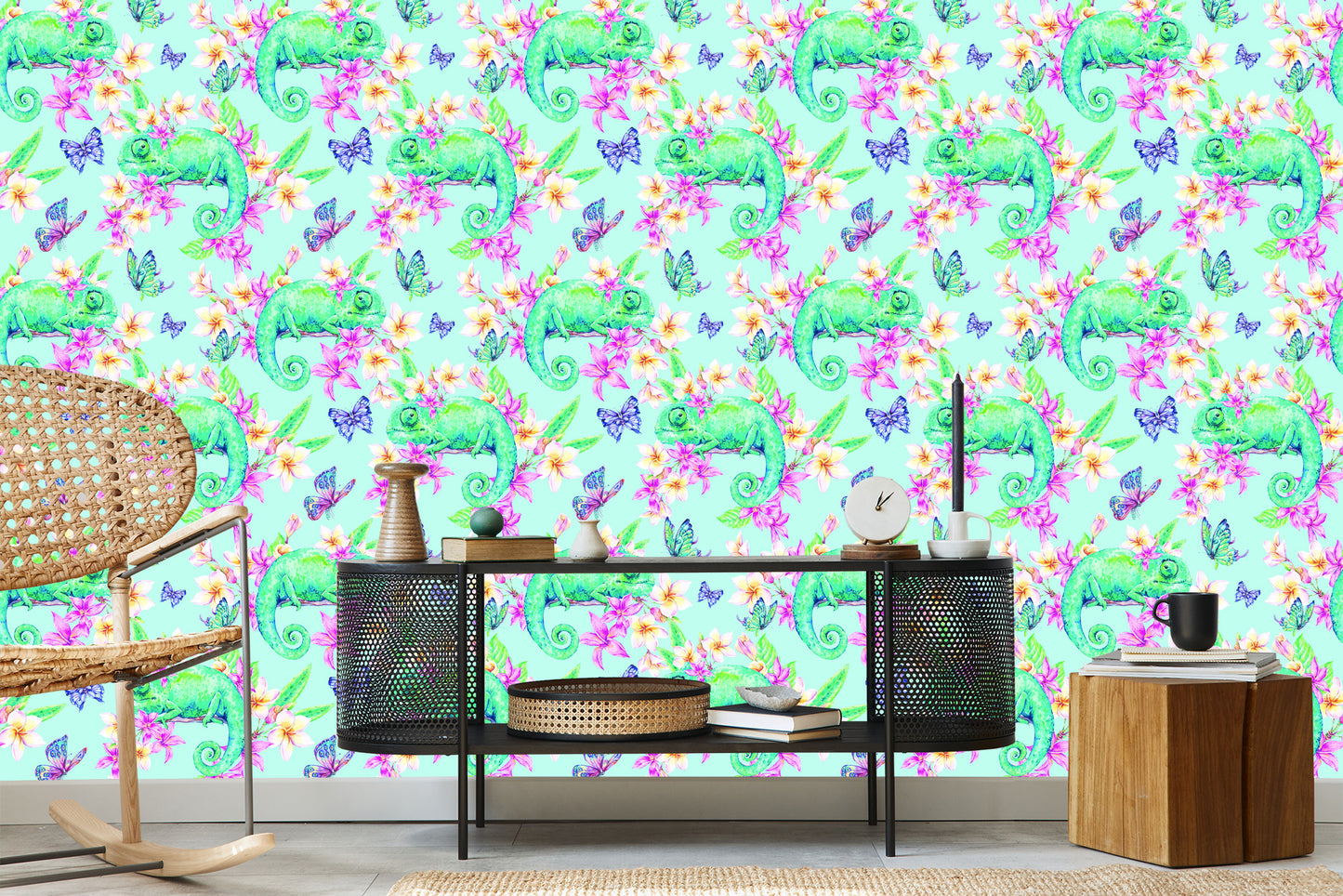 Wallpaper Chameleons, Butterflies And Flowers