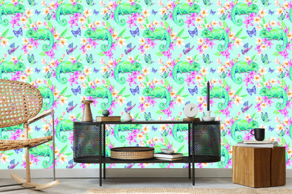 Wallpaper Chameleons, Butterflies And Flowers