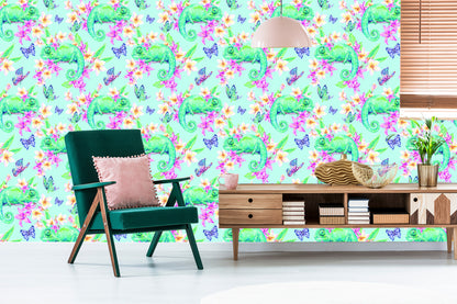 Wallpaper Chameleons, Butterflies And Flowers