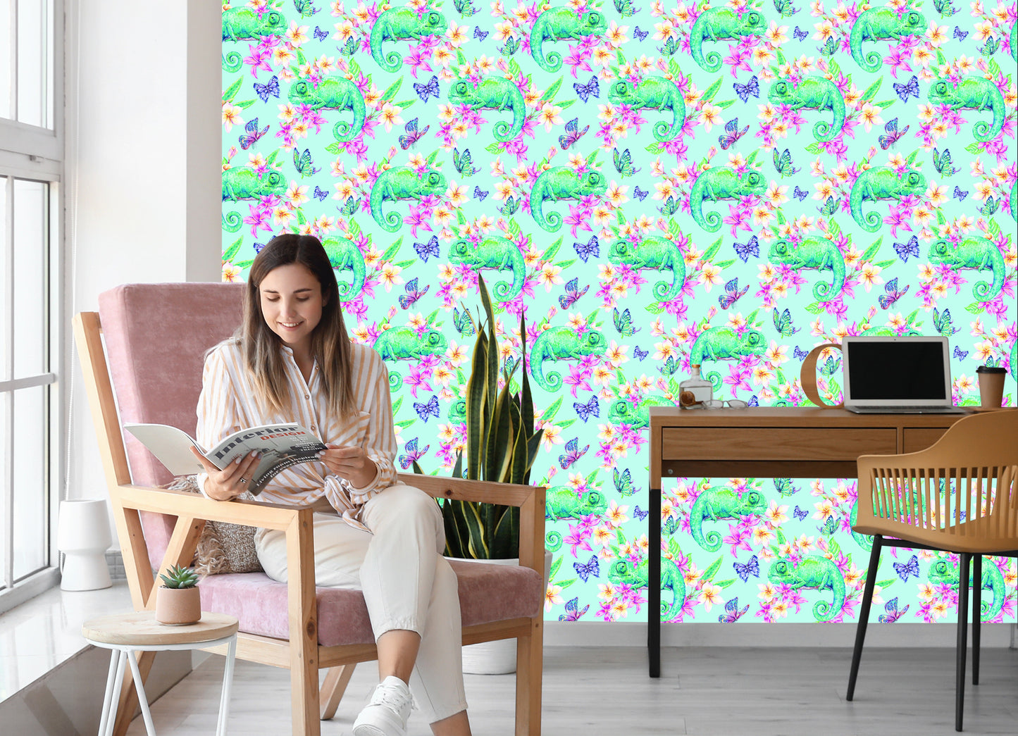 Wallpaper Chameleons, Butterflies And Flowers