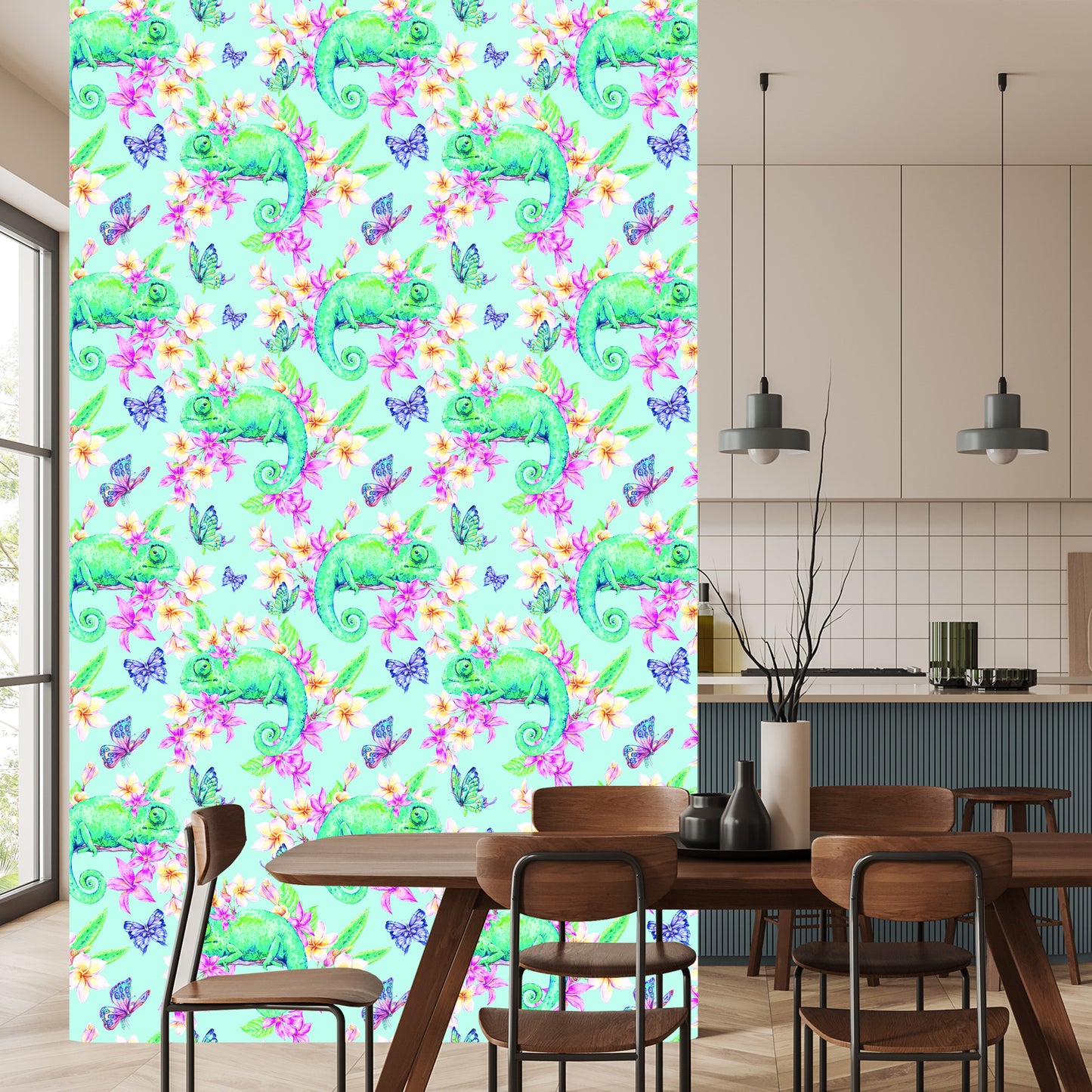 Wallpaper Chameleons, Butterflies And Flowers