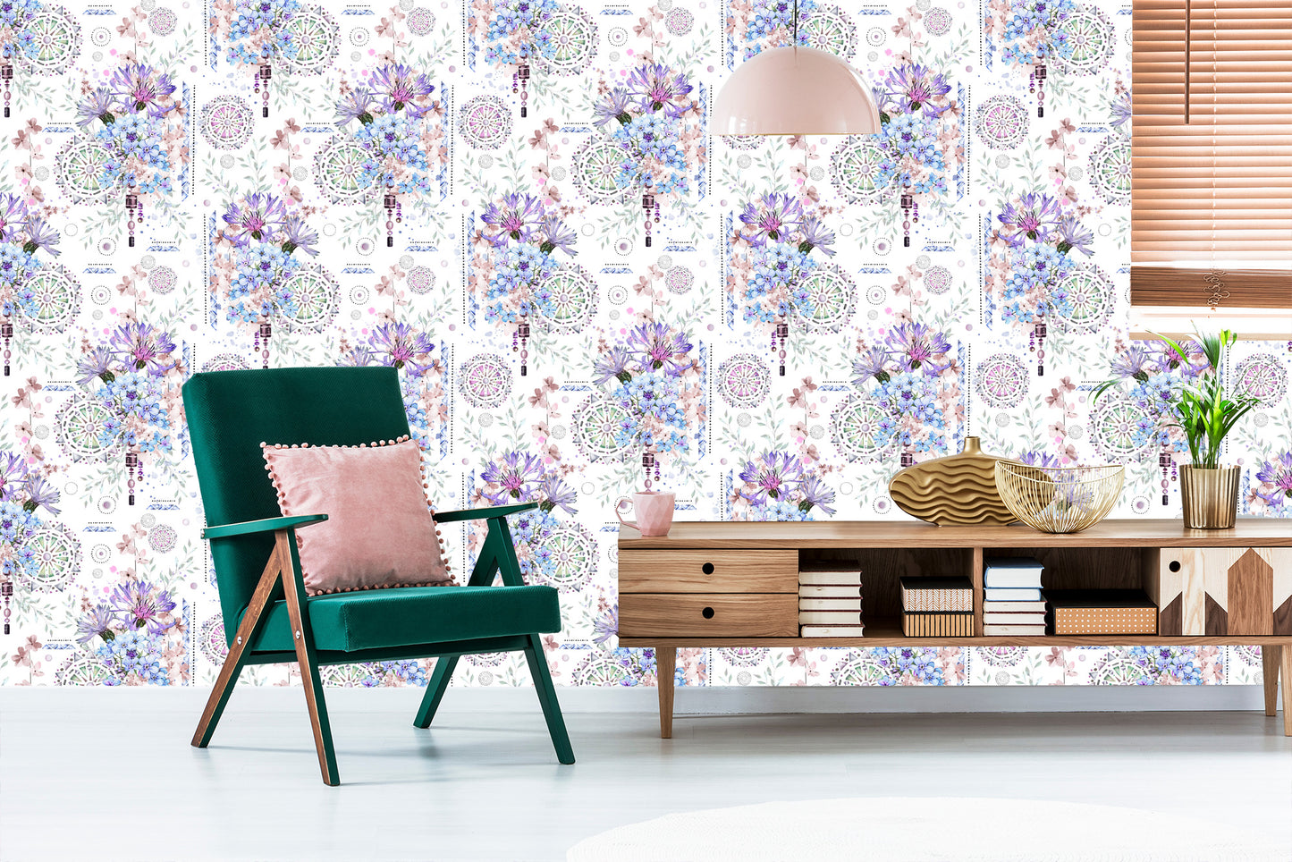 Wallpaper Modern Flowers And Watercolor Ornaments