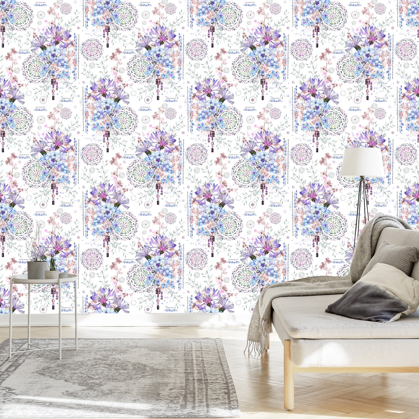 Wallpaper Modern Flowers And Watercolor Ornaments