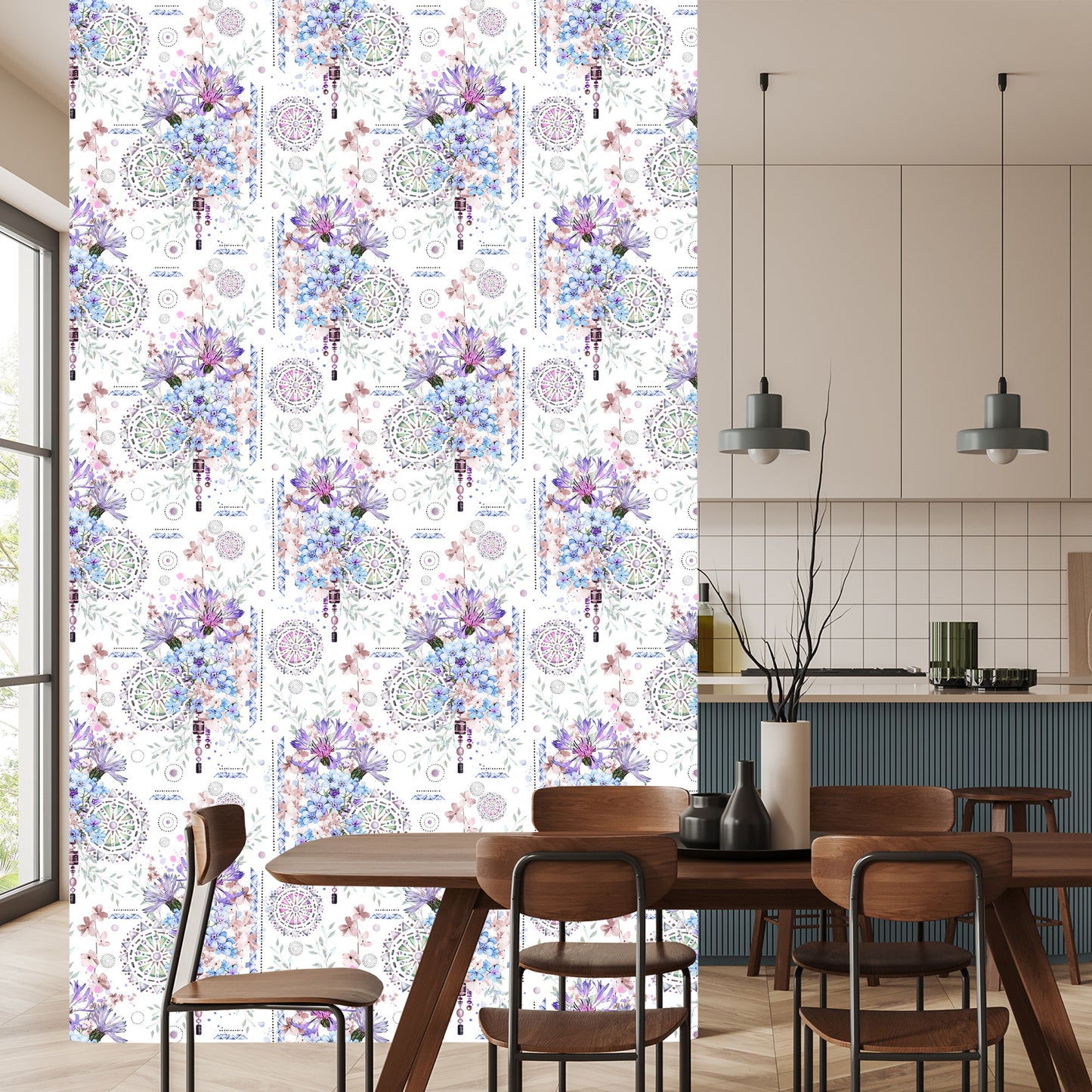 Wallpaper Modern Flowers And Watercolor Ornaments
