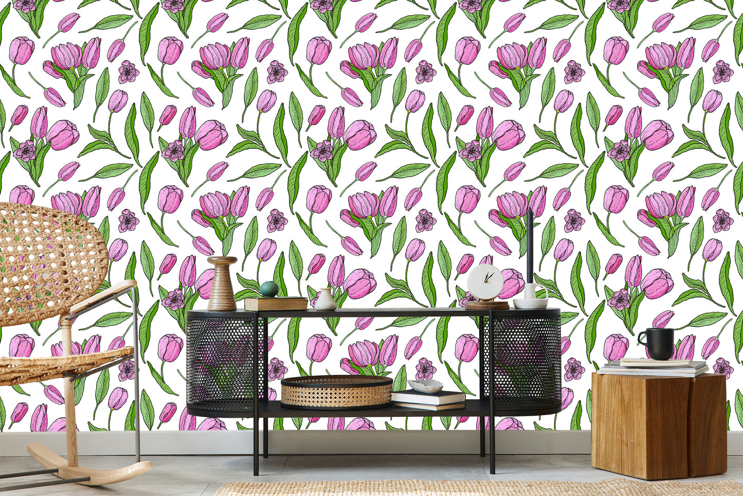 Wallpaper Drawn Blooming Tulips